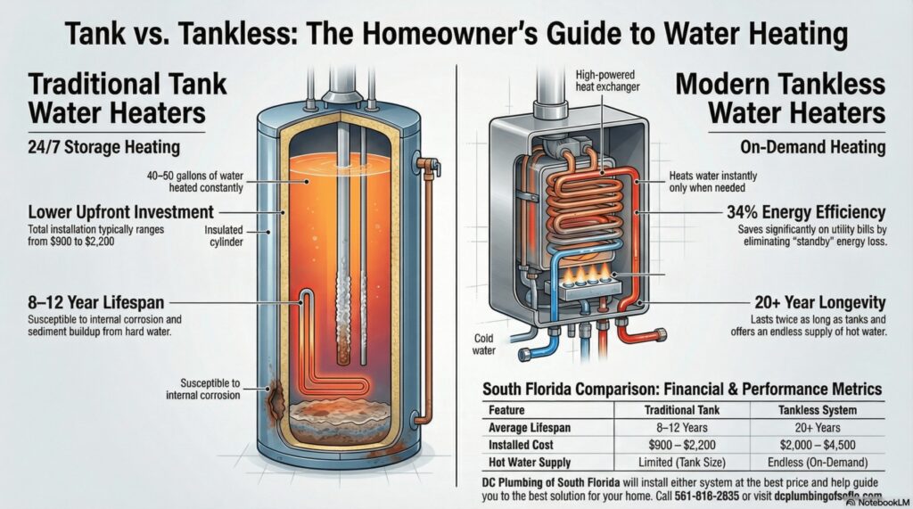 tankless water heater vs tank water heater comparison diagram for South Florida homes