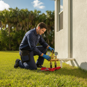 Professional plumber performing backflow prevention testing on a residential water system in South Florida.