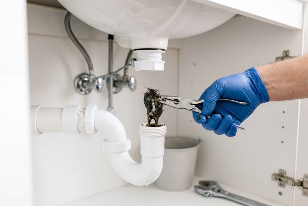 Plumber removing hair and debris buildup causing recurring drain clogs from a bathroom sink pipe