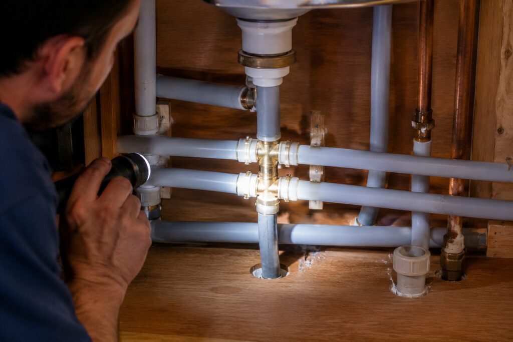 Plumber inspecting pipes to assess the polybutylene pipe lifespan in a home.