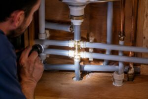 Plumber inspecting pipes to assess the polybutylene pipe lifespan in a home.