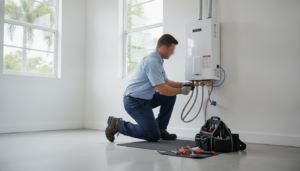 A DC Plumbing technician performing professional tankless water heater maintenance on a unit in a South Florida home.