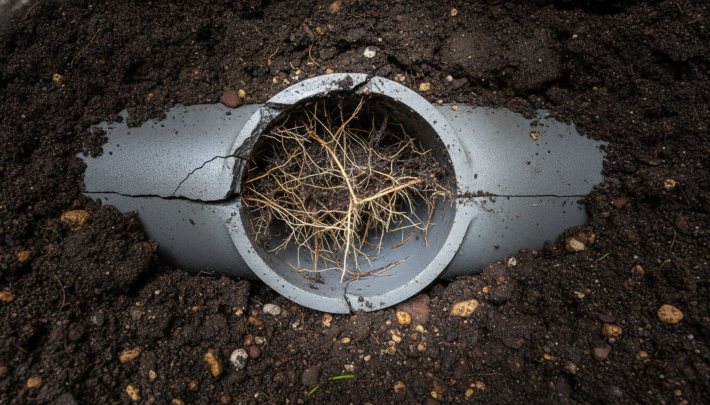 A close-up view of tree roots in drain lines, showing how they have grown into and clogged a residential sewer pipe.