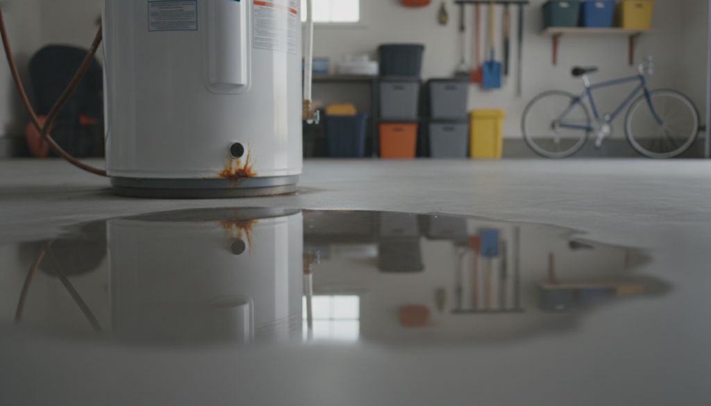 A water heater leaking from the bottom, with a puddle of water forming on the garage floor, indicating a need for professional repair.