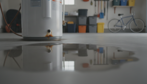 A water heater leaking from the bottom, with a puddle of water forming on the garage floor, indicating a need for professional repair.