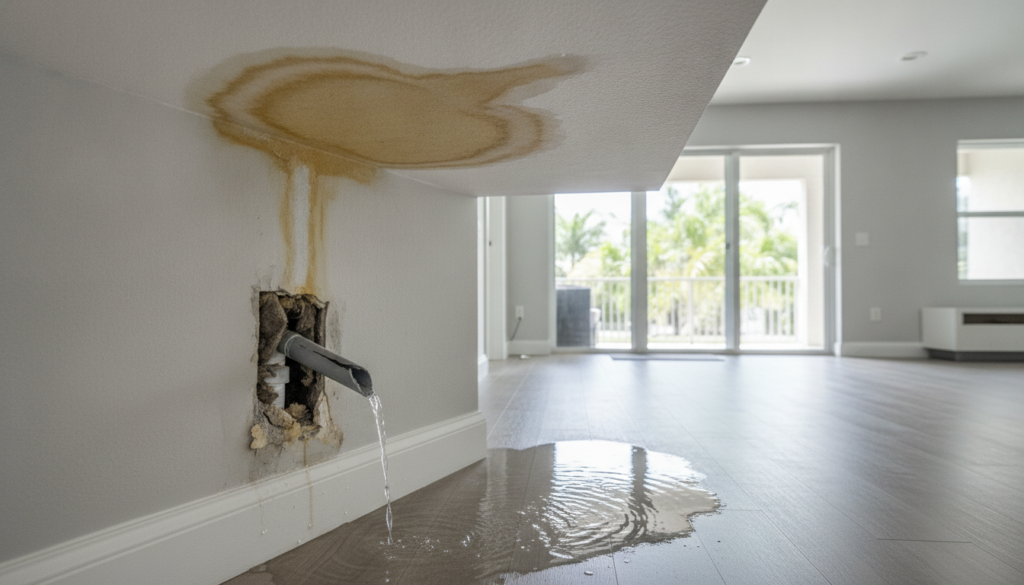 A burst grey polybutylene pipe inside a water-damaged wall, showing the consequences of a polybutylene pipe burst.